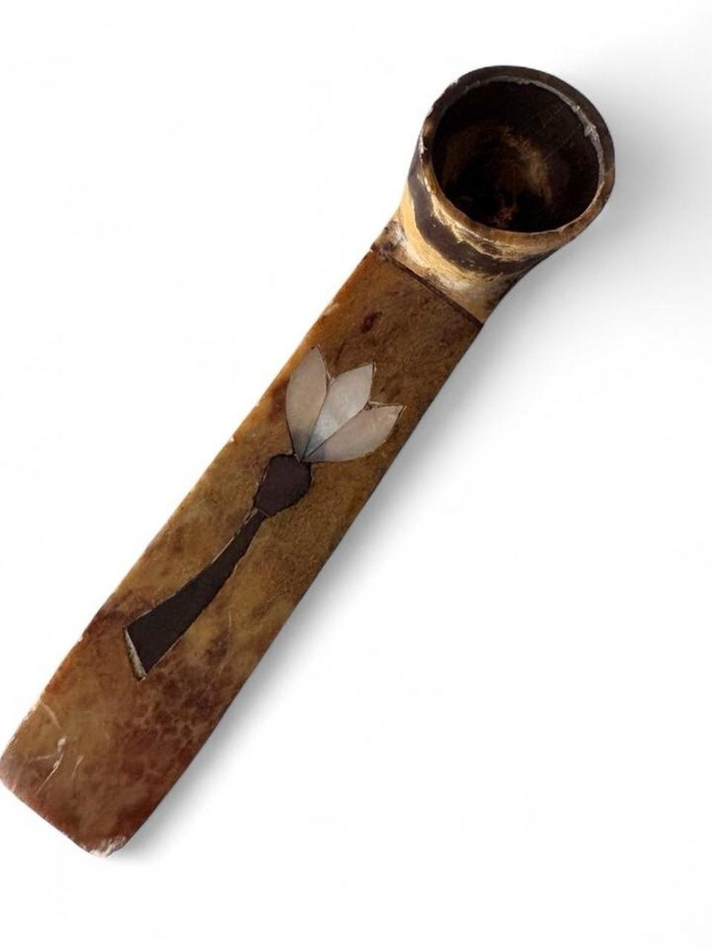 Handcrafted Brown Decorative Horn Spoon with Floral Inlay